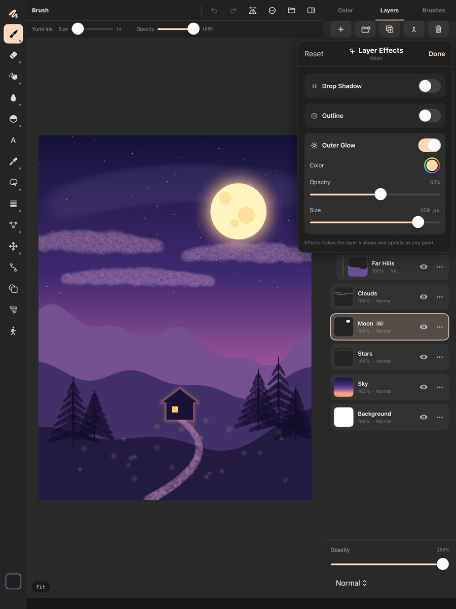 Yumi 2D layer effects panel